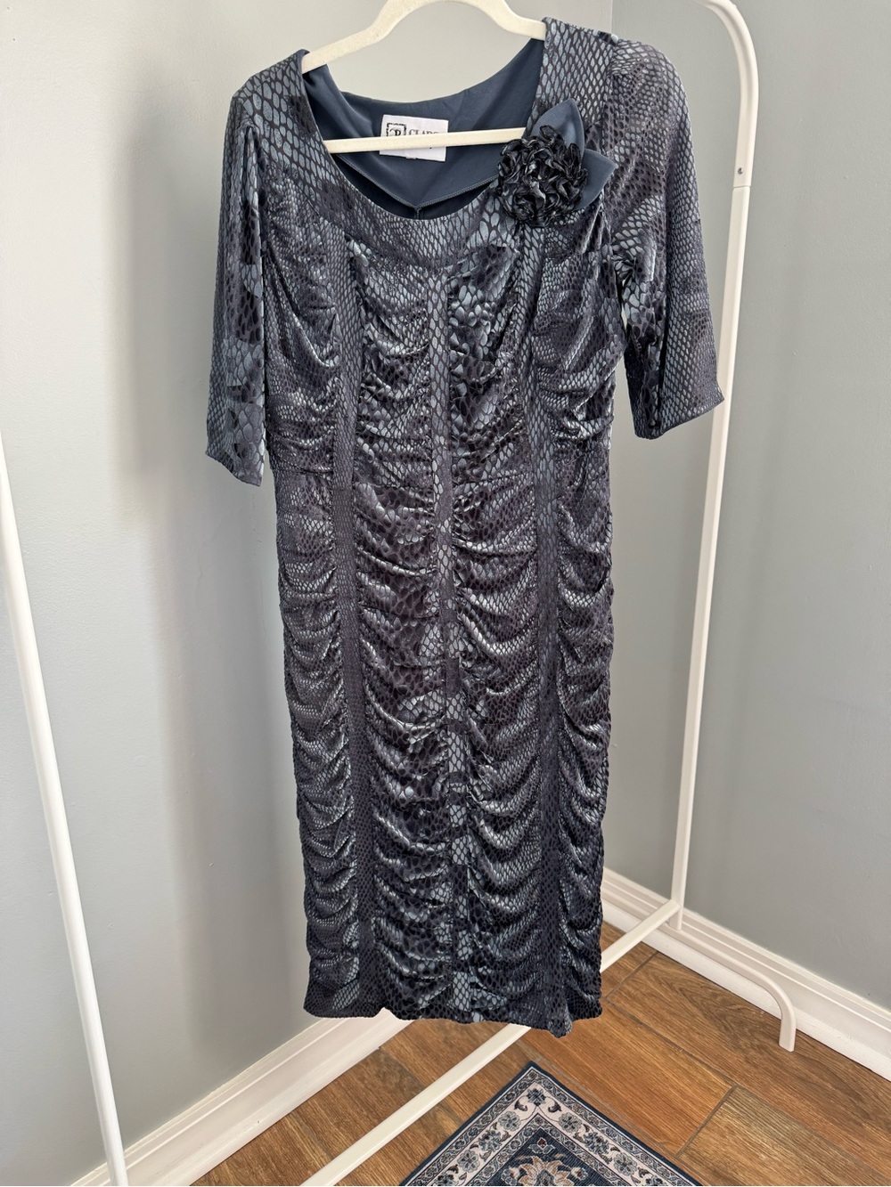 Clarks Navy Textured Ruched Midi Dress with Floral Accent